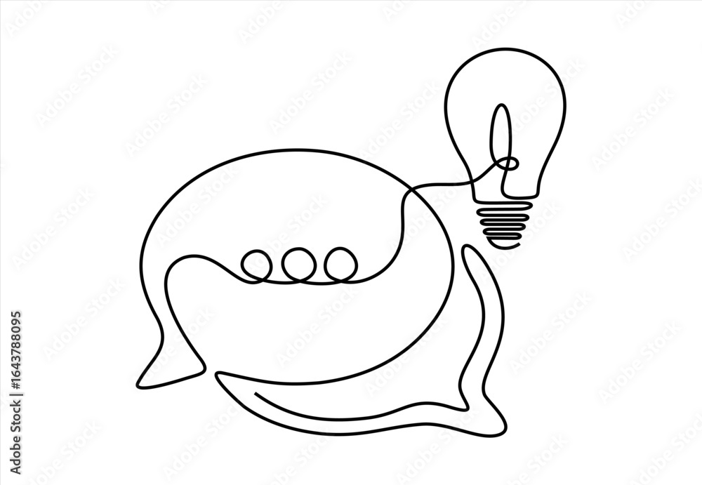 Poster idea exchange brainstorming and communication with a light bulb. line icon-continuous line drawing. 