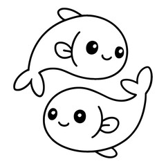 Cute cartoon Pisces zodiac fish pair illustration in black and white line art style