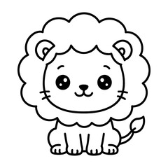 Cute cartoon lion illustration in black and white line art, adorable animal character