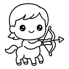 Cute cartoon centaur holding bow and arrow illustration in black and white line art