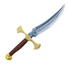 Obraz premium Ornate Curved Dagger with Gold Hilt and Brown Handle isolated on black background