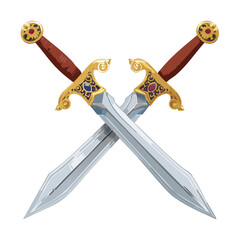 Ornate Crossed Swords Illustration on Black Background, Fantasy Blades with Gold Accents and Jewels, Medieval Weaponry Art