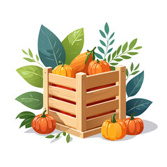 Pumpkins in wooden crate with autumn foliage illustration Harvest time food design Seasonal vegetables Thanksgiving Day or Halloween celebration theme