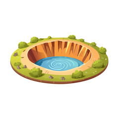 Cartoon pond crater in nature landscape element illustration on black background