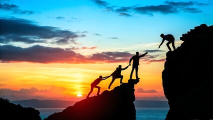 Silhouette of three men helping each other climb a rocky mountain at sunset, showcasing teamwork, support, and overcoming challenges; inspirational, motivational, and aspirational imagery for business