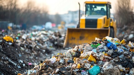 A bulldozer moving trash at a landfill. The industrial concept of waste disposal and environmental impact.