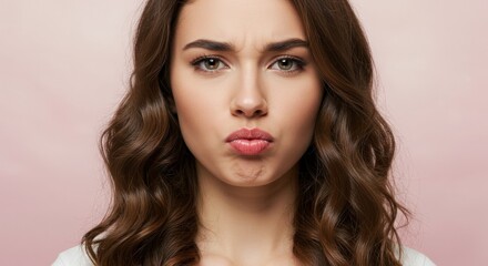 Fototapeta premium A beautiful brunette woman is making a pout face in a studio portrait