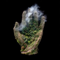 Aerial view of a hand-shaped mountain, covered in lush vegetation and mist