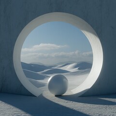 A pristine white sphere rests on snow, framed by a circular window to a snowy landscape