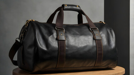 Naklejka premium Stylish Black Leather Duffle Bag with Rich Brown Straps - Perfect for Travel and Gym