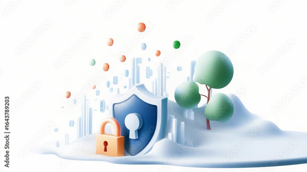 Poster secure digital landscape with lock and shield symbolizing data protection