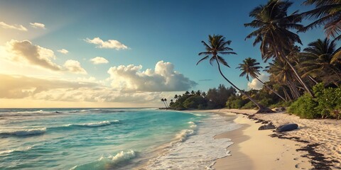 Serene Tropical Sunset: Vibrant ocean waves caress a pristine white sand beach, framed by lush palm trees silhouetted against a breathtaking golden sunset sky; idyllic paradise, tranquil escape