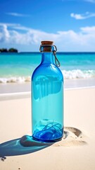 Blue glass bottle on a beach