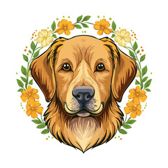 Golden Retriever Portrait Surrounded by Floral Wreath Graphic Design Illustration