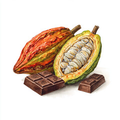 Hand-painted watercolor illustration of cacao pod with beans, opened cacao fruit, and chocolate bar, detailed botanical style for packaging, kitchen decor, or food design, white background.