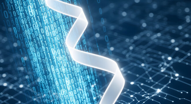 An abstract technology background with a glowing ribbon of light flowing through a stream of digital binary code. Represents data transfer and information flow.