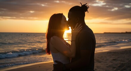 Fototapeta premium A couple shares a passionate kiss on the beach at sunset, silhouetted against the sky