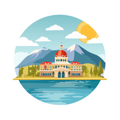 Obraz premium Government building with a red dome and blue water backdrop in cartoon style