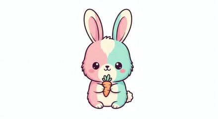 Obraz premium Cute Pastel Colored Bunny Rabbit Holding a Carrot Digital Illustration