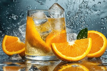A glass of sparkling orange beverage with ice cubes, surrounded by orange slices and water droplets, sits on a reflective surface against a dark, dynamic background