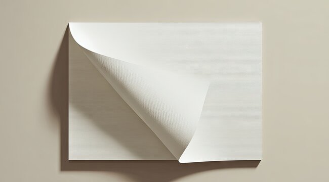 Off-white rectangular sheet of paper with a single, gently curved corner lifted, casting a subtle shadow on a muted beige background