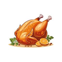 Roasted Turkey with Orange Illustration for Holiday Feast or Thanksgiving Dinner