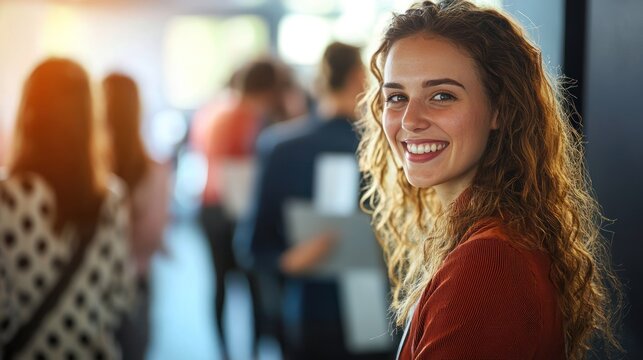 A young woman with curly hair smiling in a hallway.
