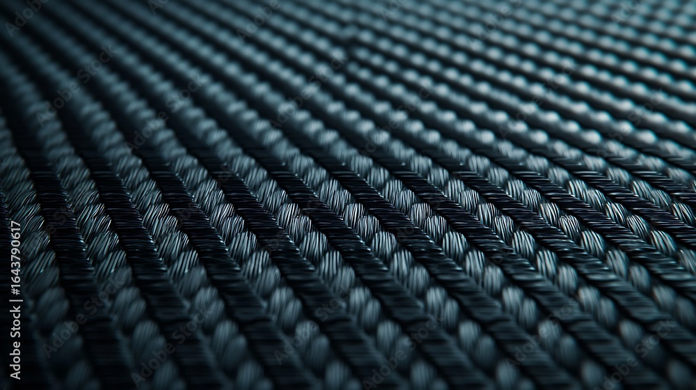 Poster a close-up view of woven fibers, showcasing a textured pattern in shades of black and gray, emphasiz