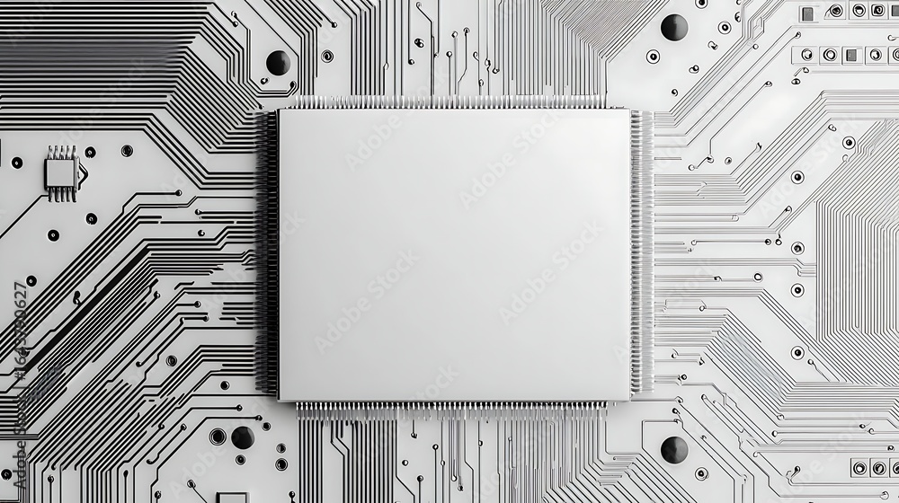 Poster a close-up view of a blank microchip on a circuit board, showcasing intricate designs and connection