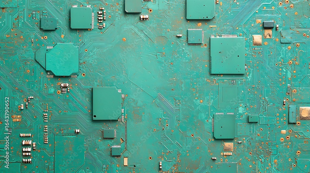 Poster an abstract close-up of a turquoise circuit board showcasing various electronic components and conne
