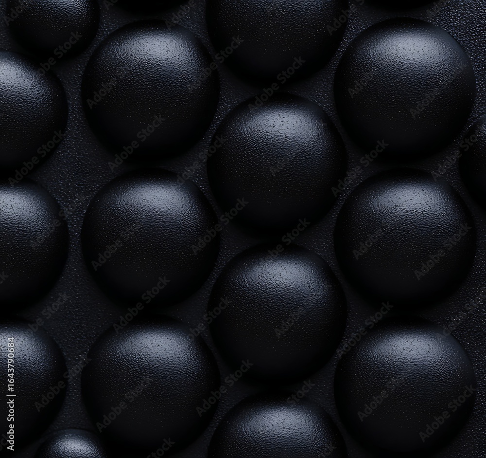 Poster a close-up view of a textured surface featuring multiple round, matte black spheres arranged in a gr