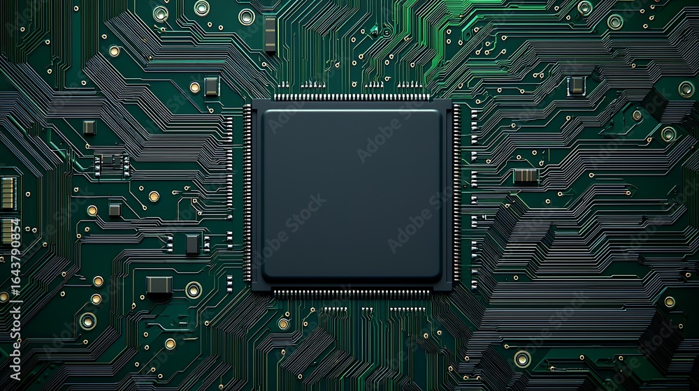 Poster a close-up view of a circuit board showcasing intricate pathways and a central processing unit, high