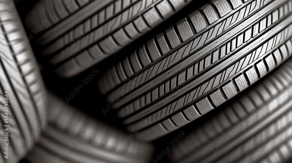 Poster a close-up of multiple car tires stacked together, showcasing their textured surface and tread patte