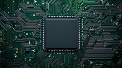 Fototapeta premium A close-up view of a circuit board showcasing intricate pathways and a central processing unit, highlighting technology and electronics.