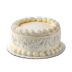round white cake with frosting and decorative cream on white background