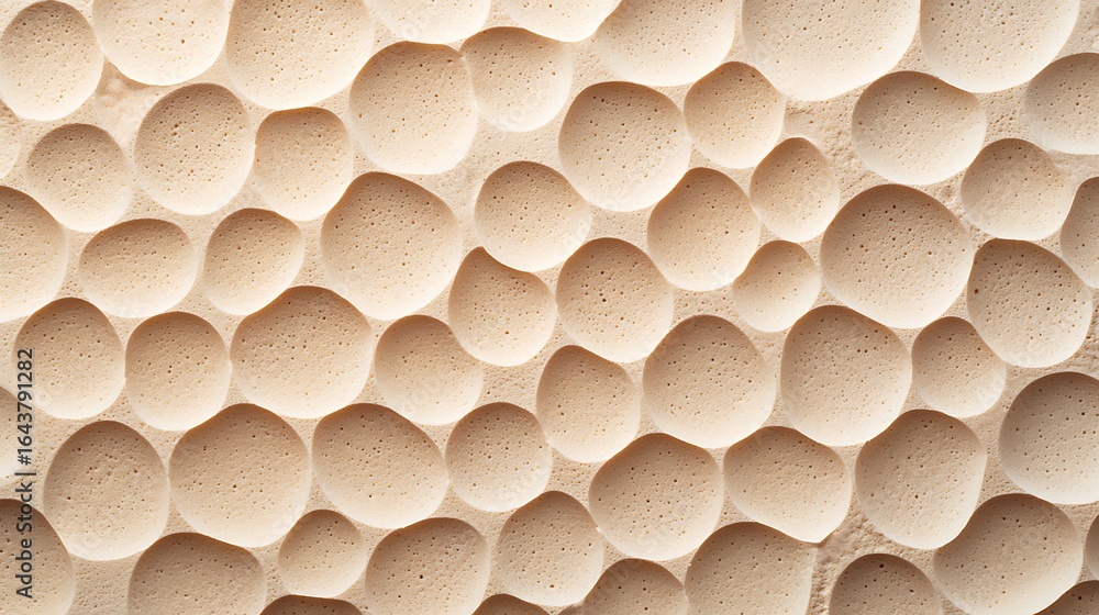 Poster a close-up view of textured, round, beige formations resembling bubbles or cells on a surface, creat