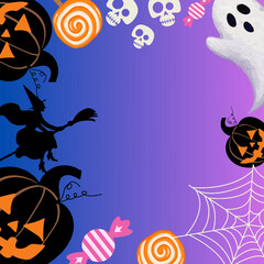 Halloween Fram and Background with Candy ,Carving  Pumpkin Witch, Ghost, Evil  for Copy Space