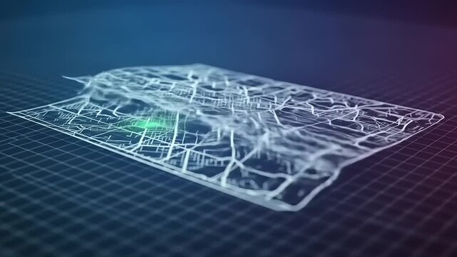 Detailed aerial map layout featuring intricate street patterns and gridlines on a digital backdrop