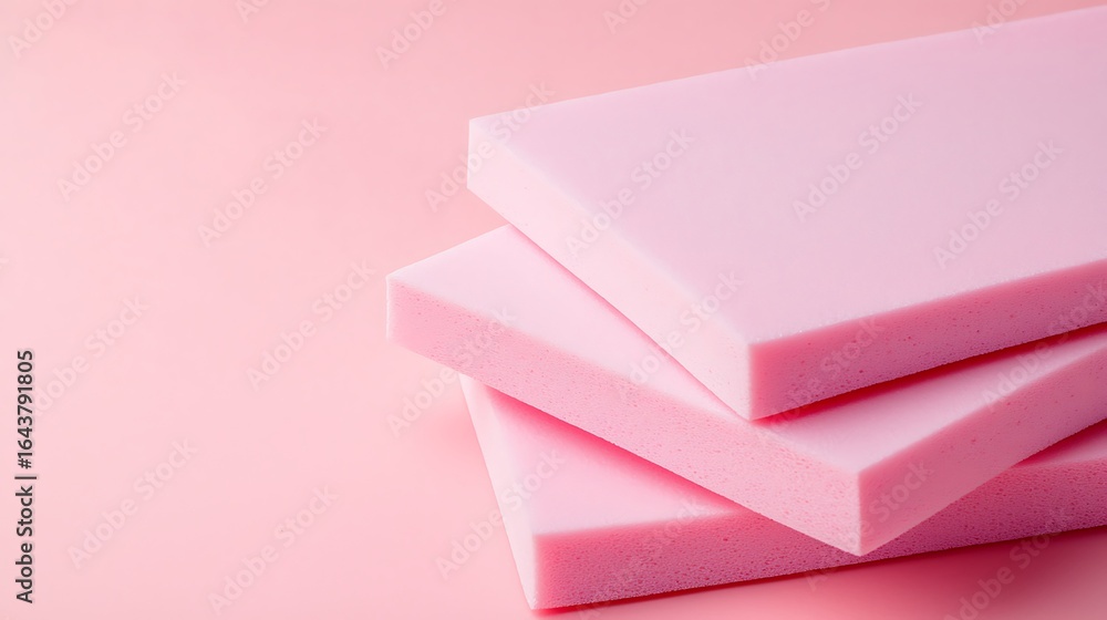 Poster three stacked pink foam sheets on a soft pink background create a minimalist, aesthetic composition 