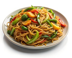 Delicious asian noodle stir fry with colorful vegetables, isolated on white background