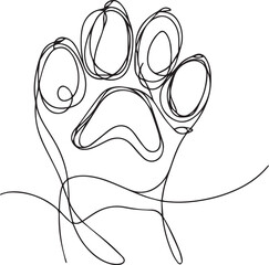 Animal paw print in one line drawing style, black and white minimalistic illustration for design and decoration