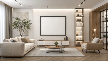 Modern living room with a large blank canvas on the wall and stylish furniture
