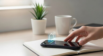 Woman using smartphone with notification icon on screen, modern technology concept