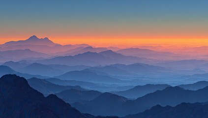 Fototapeta premium Serene sunrise over a vast, layered mountain range, displaying a gradient of blues and oranges across the horizon