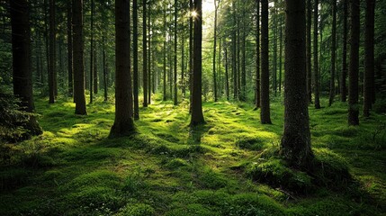 Obraz premium A serene forest scene with tall trees and green moss covering the ground.