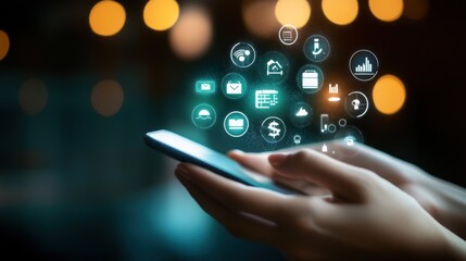 Hands holding a phone with digital icons