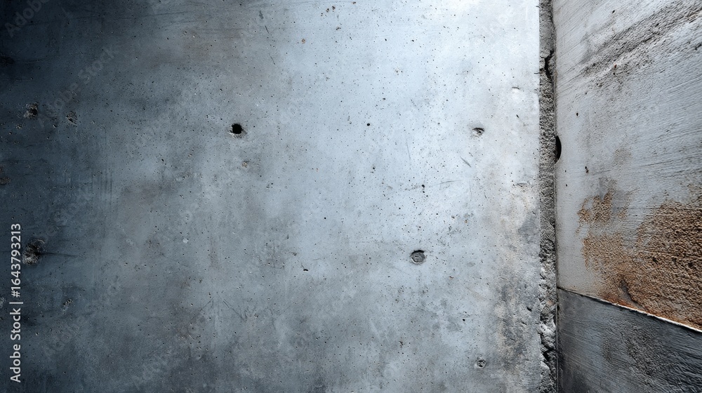 Poster overhead view of a weathered dark grey concrete floor with cracks, stains, and gritty textures, feat
