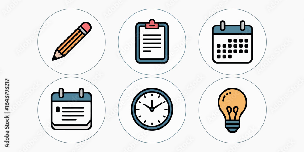 Poster business management icons representing planning scheduling idea generation and task completion