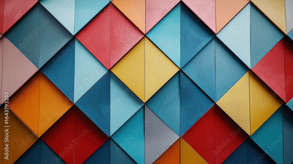 Poster a colorful geometric pattern of triangles and squares in vibrant colors.