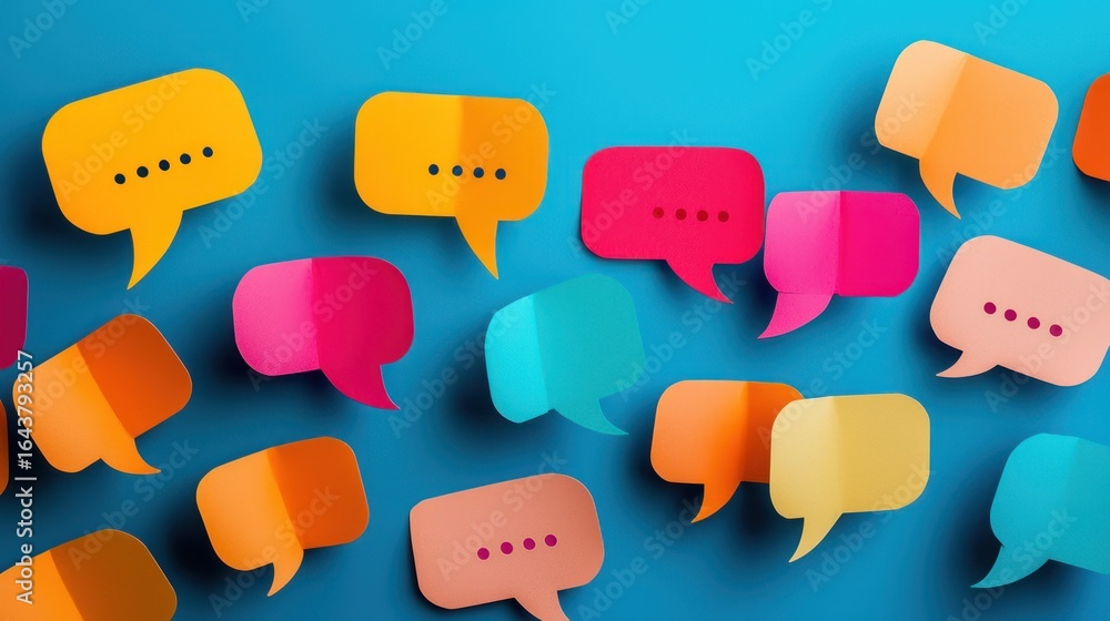 Poster a colorful array of speech bubbles on a blue background.